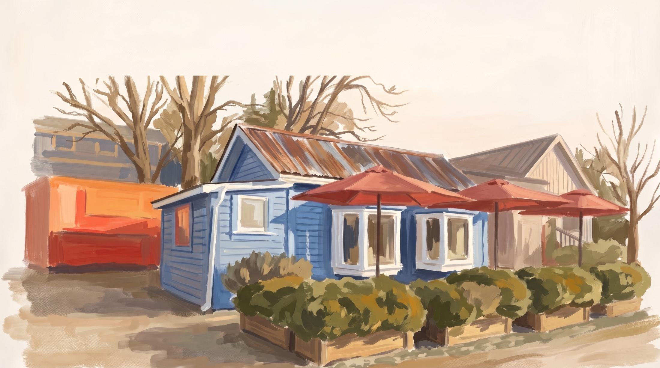 Switchboard Cafe's blue cottage and red umbrellas in late afternoon light, painted