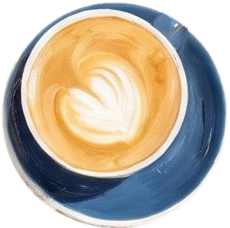 A latte with a leaf poured in it, in a blue cup and saucer