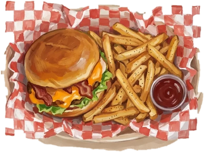 A Switch cheeseburger and fries in a checked basket, painted from above