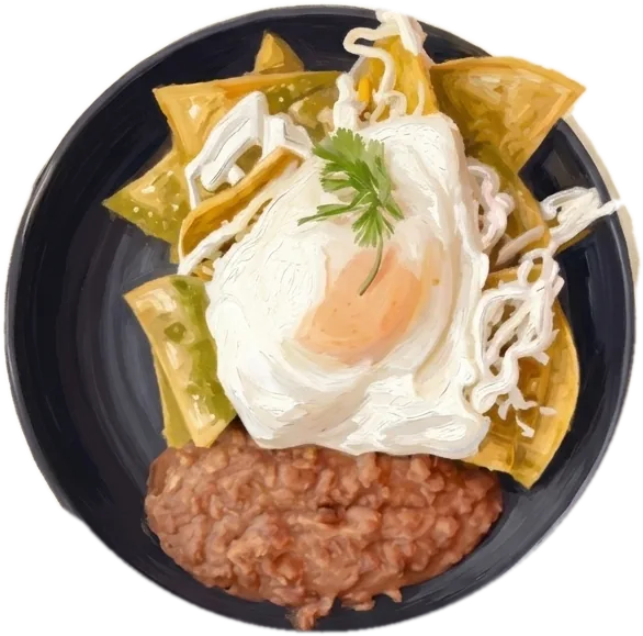 Chilaquiles with a fried egg and house beans, painted from above