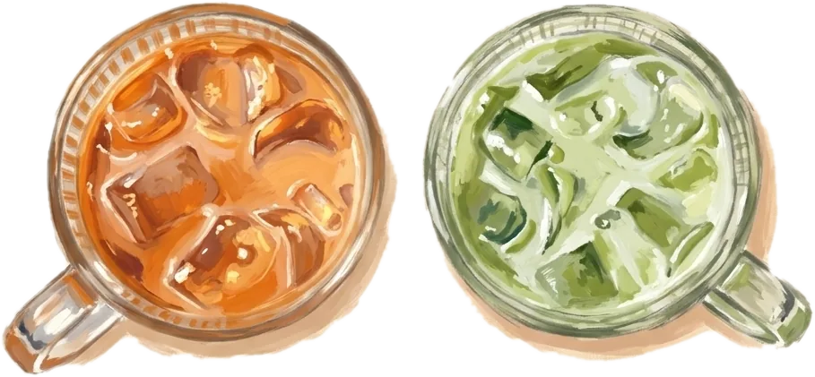 An iced Thai tea and an iced matcha latte, painted from above