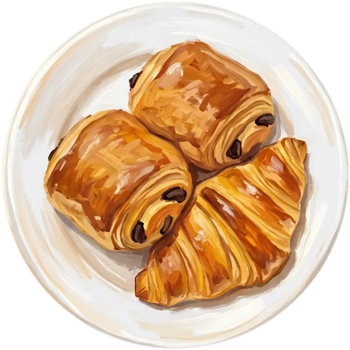 A plate of chocolate croissants and a croissant, painted from above