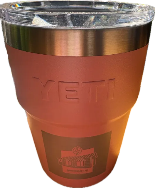 A YETI tumbler with the Switchboard cottage on it
